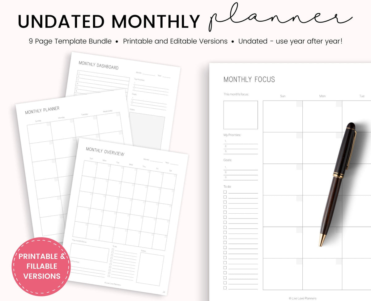 Printable Monthly Planner Template: Undated