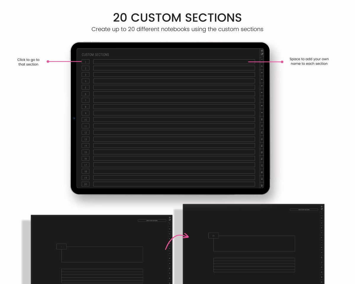 Dark Mode Digital Notebook: 20-Section Hyperlinked Journal (For iPad & Tablet)