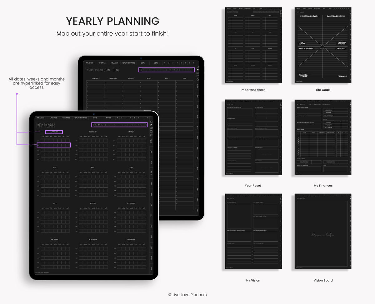 Dark Mode Undated Digital Planner