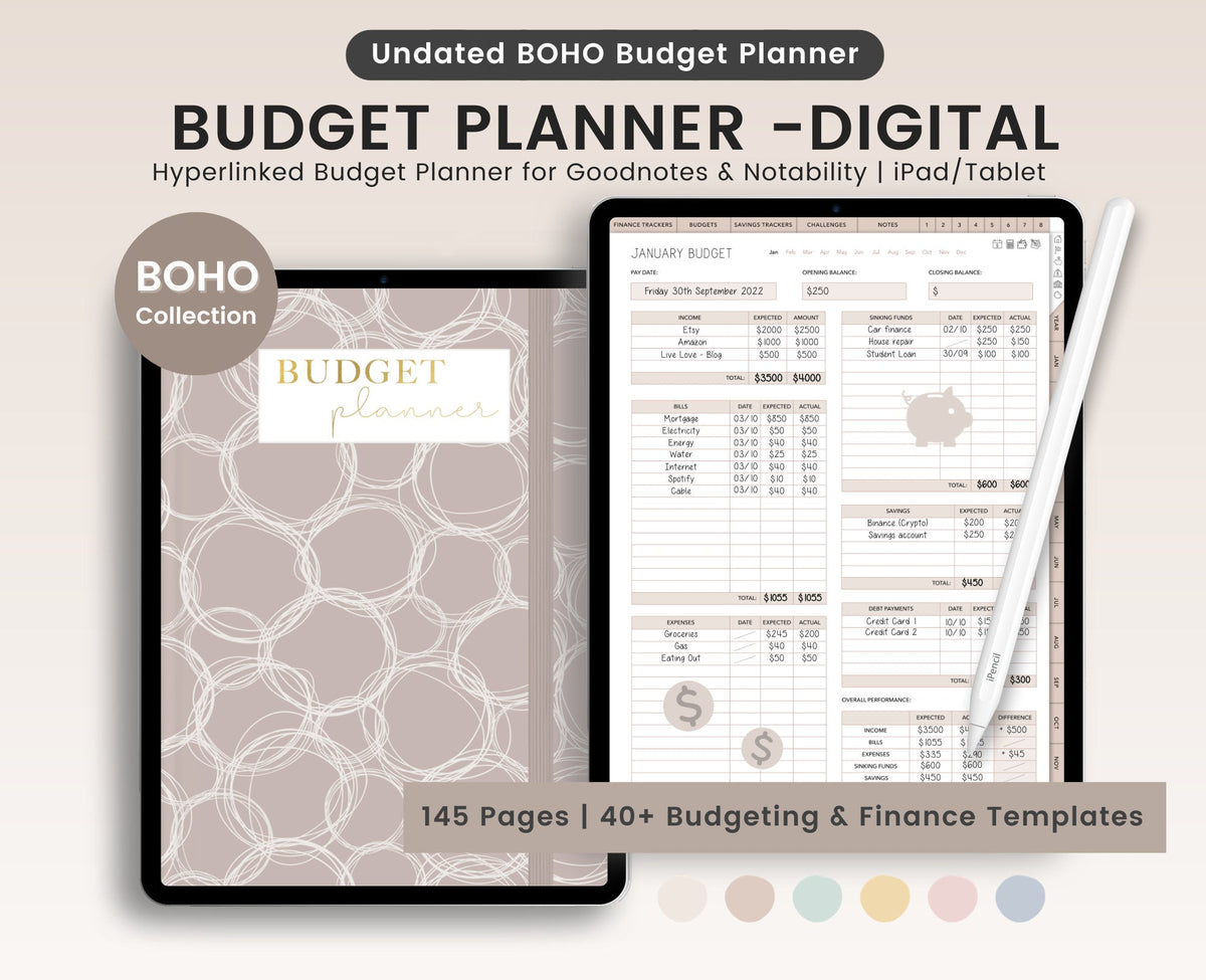 Boho Digital Budget Planner: Finance Tracker for GoodNotes (Portrait)