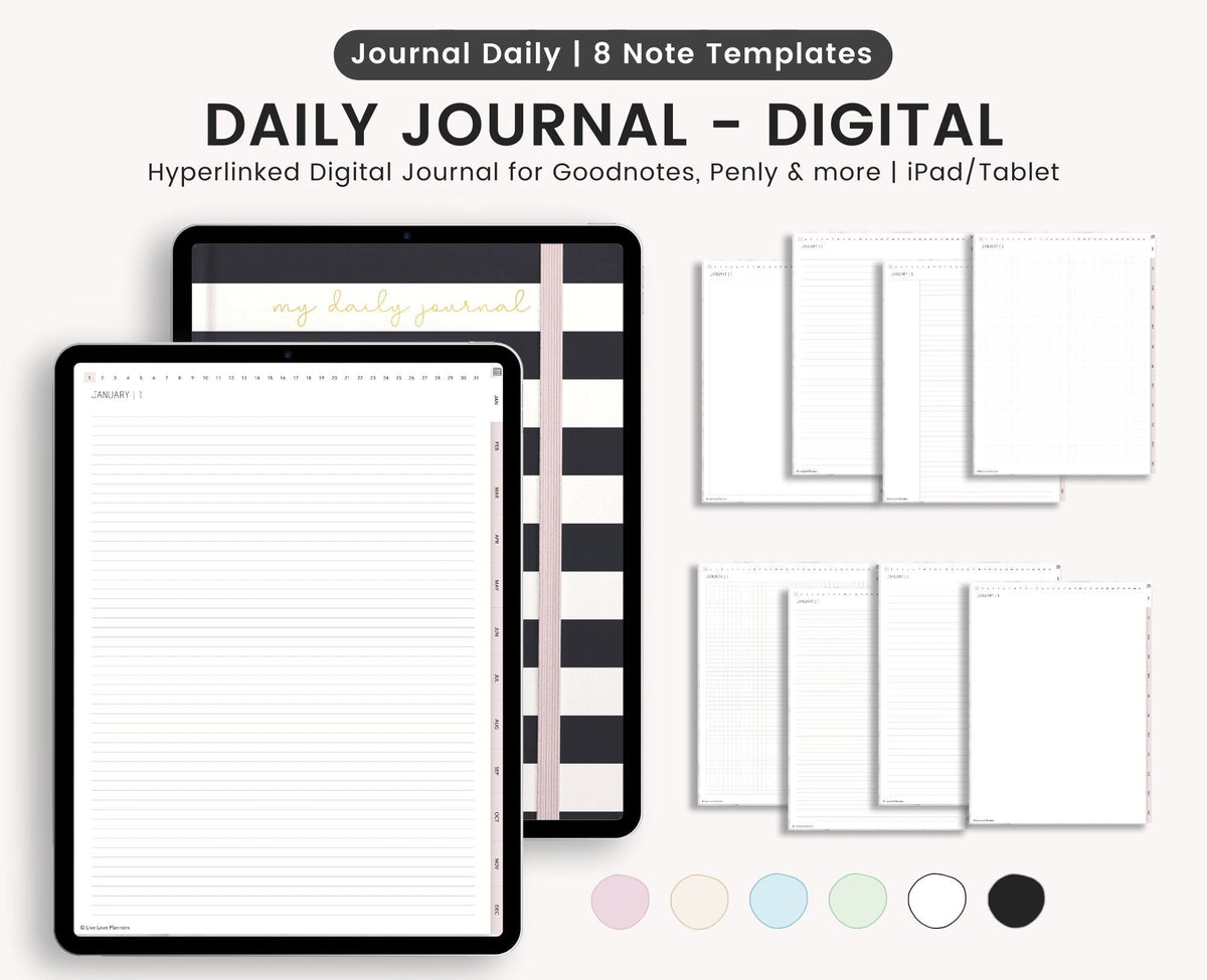 Hyperlinked Digital Daily Journal: 8 Note Templates for Goodnotes (Digital Download)