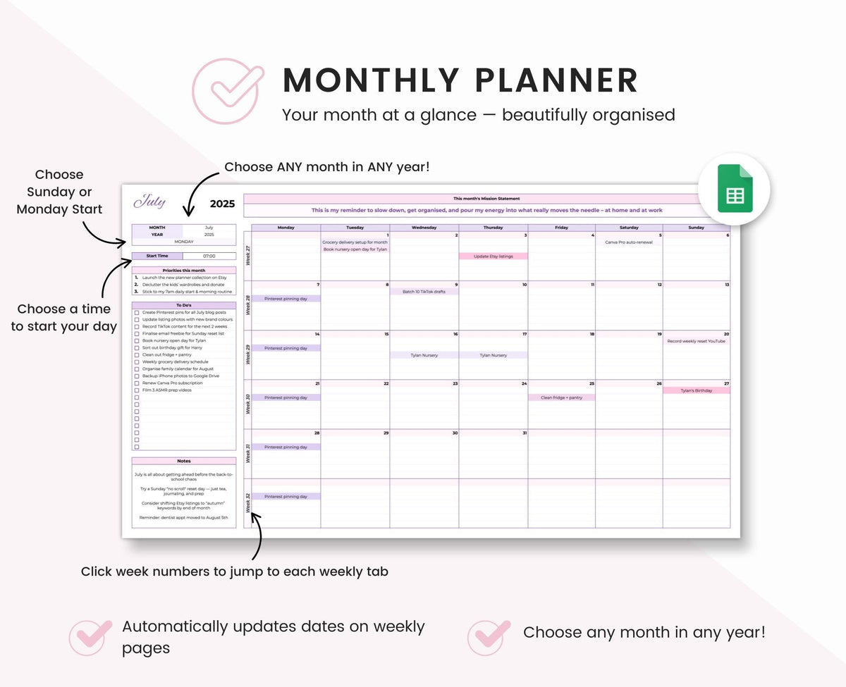 Google Sheets Monthly and Weekly Planner