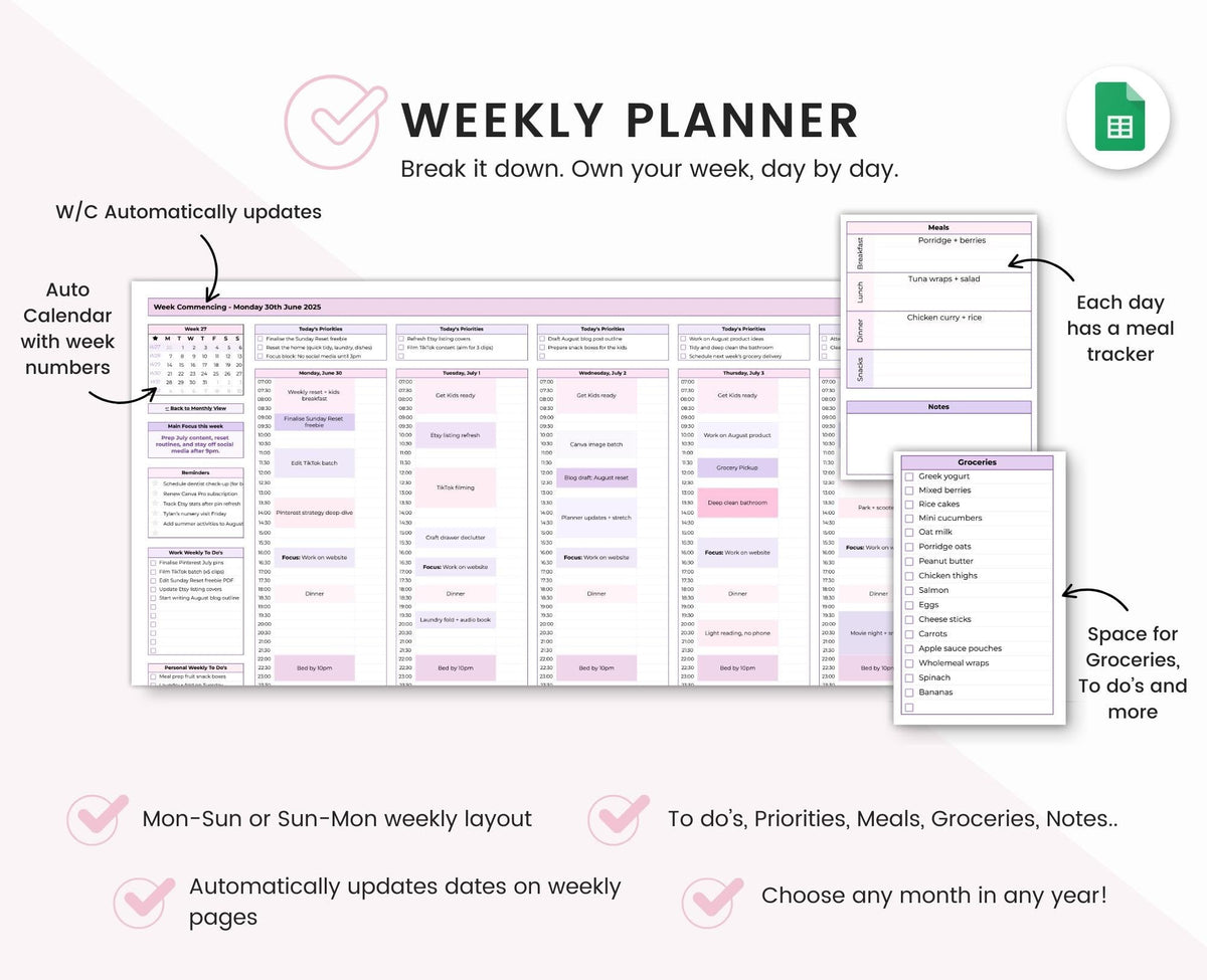 Google Sheets Monthly and Weekly Planner