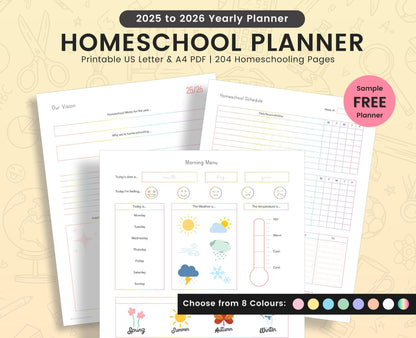 Printable Homeschool Planner 2025-2026: US Letter & A4 (Digital Download)