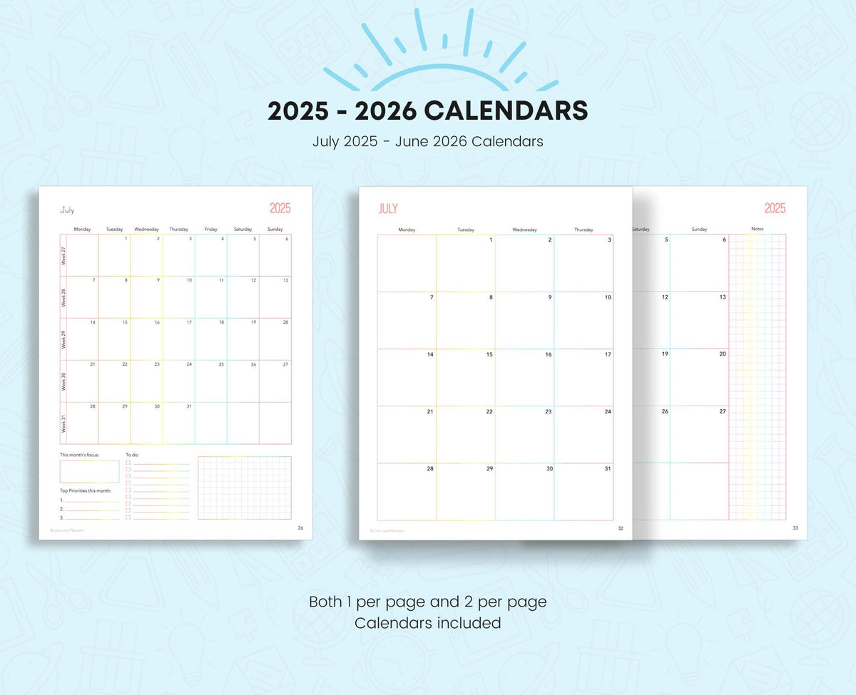 Printable Homeschool Planner 2025-2026: US Letter & A4 (Digital Download)