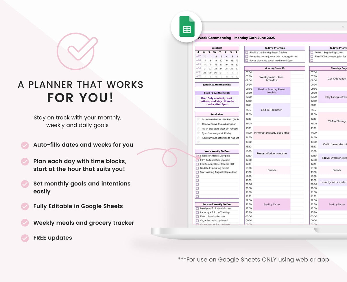 Google Sheets Monthly and Weekly Planner