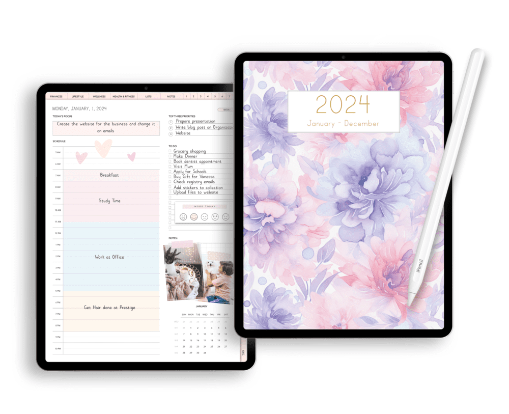 How to Organize your life - Clutter-free minimalist office setup, Organized digital planner on tablet, Writing tasks in organized planner, Using apps for home automation, Two-minute timer on tidy desk, Enjoying digital detox with a book, Visual mind mapping for clarity, Labeled and sorted organized closet, Productive workflow automation on computer, Prepped meals in organized kitchen
