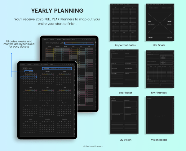 2025 Dark Mode digital planner, 2025 digital Planner digital planner for 2025, life planner, dark mode