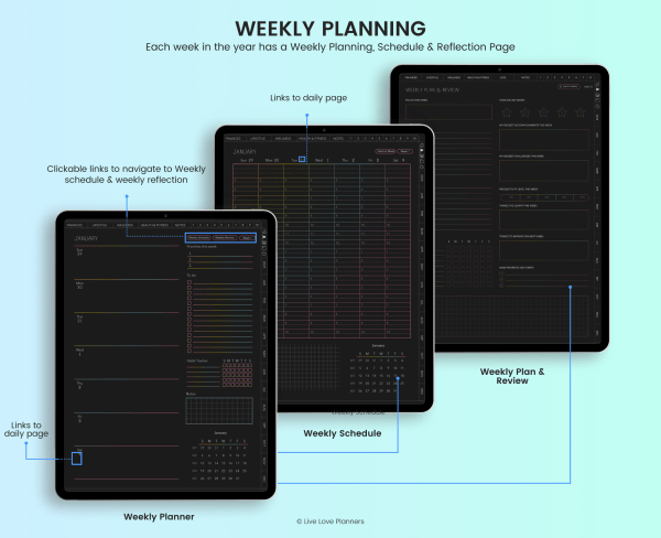 2025 Dark Mode digital planner, 2025 digital Planner digital planner for 2025, life planner, dark mode