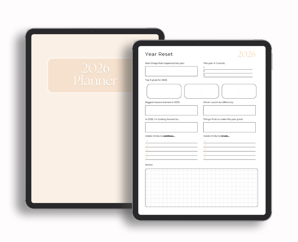 Free printable 2026 planner designed for a gentle reset. Reflect, set intentions, and start planning at your own pace with undated pages.